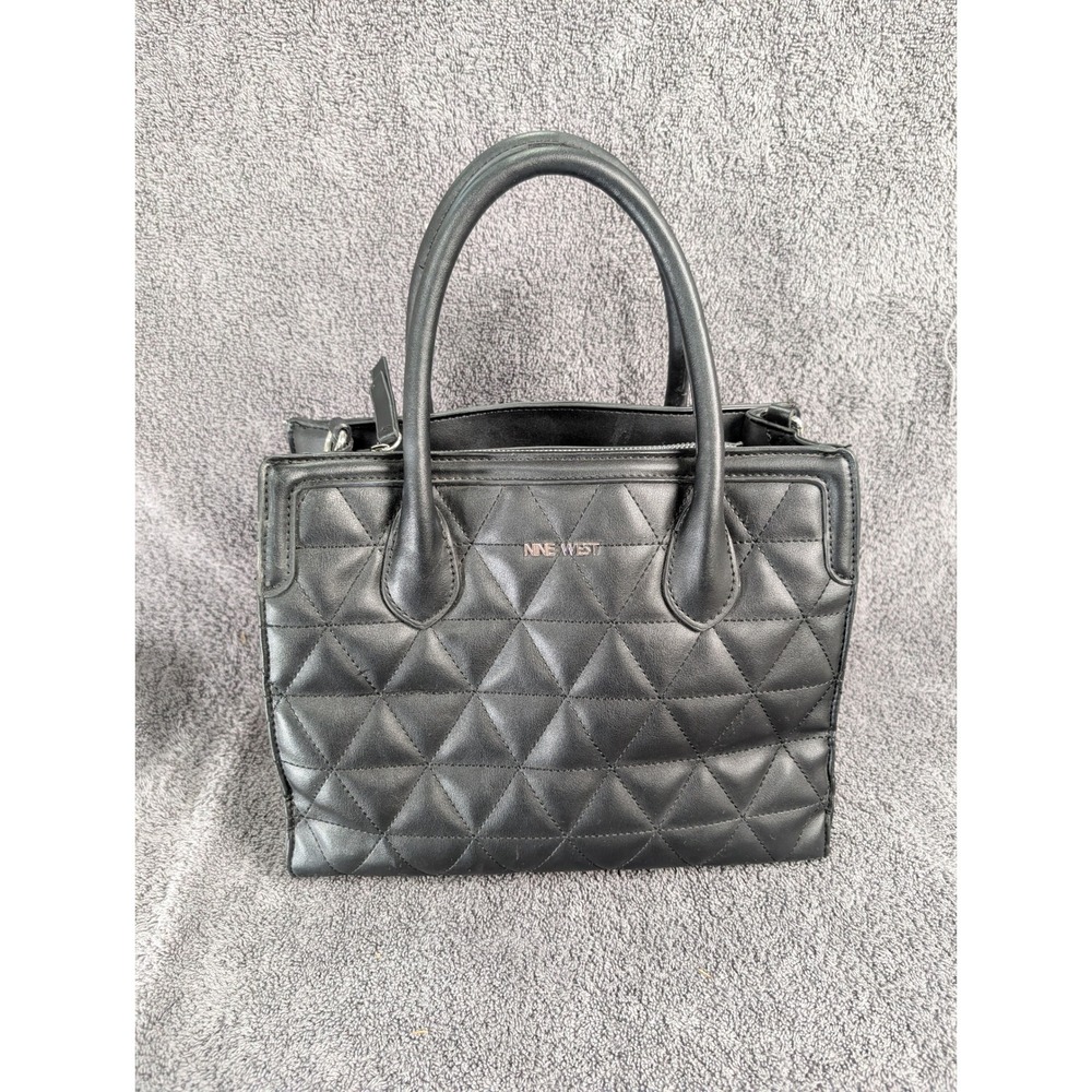 Nine West Black Quilted Faux Leather Satchel Handbag Multi-Compartment Bag